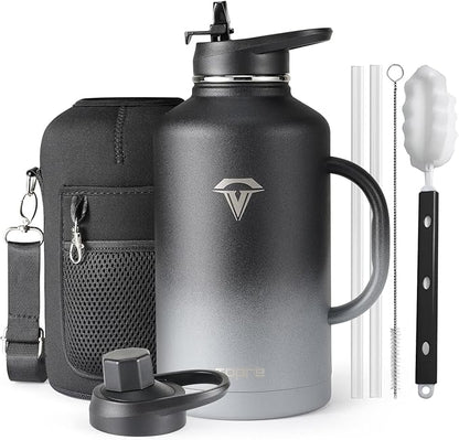 64 oz Insulated Water Bottle with Straw and Lid, Half Gallon Stainless Steel Cup with Handle,Leakproof Metal Travel Jug Flask Mug Tumbler Cup With Carry Pouch and Brush,Keep Cold & Hot,Grey