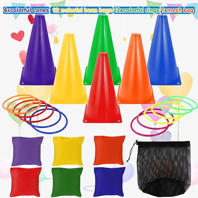 31PCS 3 in 1 Ring Toss Game Carnival Combo Set,Soft Plastic Cones Bean Bags Ring Toss Games,Carnival Games for Kids Adults Birthday Party Throwing Backyard Lawn Game Indoor Outdoor Games Supplies
