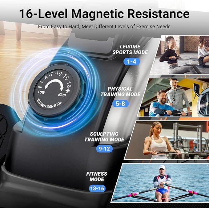 Dripex Rowing Machines for Home Use, Rowing Machine Magnetic Rower, Max 350 LBS, 16 Levels of Workout Resistance, Dual Slide Rail, Bluetooth App Compatible, LCD Monitor, Row Machine for Gym Exercise