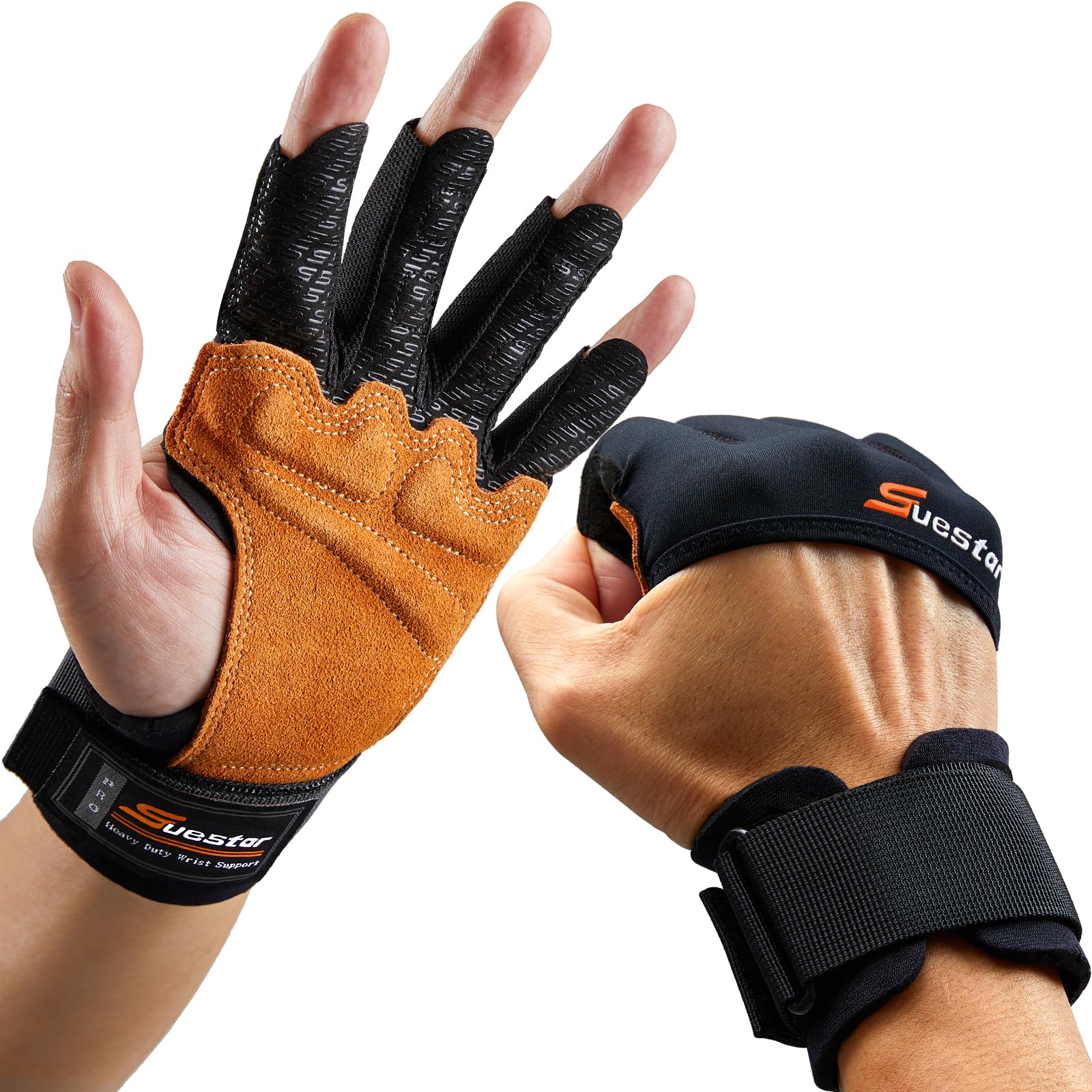 SueStar Heavy Duty Cowhide Padded Weight Lifting Gloves with Wrist Support, Full Palm Protection &