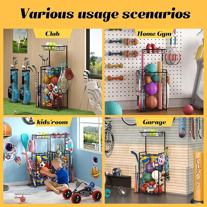 Sports Equipment Organizer, Small Garage Ball Storage Rack with Elastic Straps and 3 Hooks, Garage Organization Storage Rack for Balls and Sports Equipment, Toy Organizer Stand for Room, Gym, Black