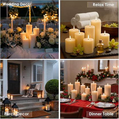 Ivory Pillar Candles Set, 12 Packs, 2.8 in x 4, 6, 8 Inch Assorted Size Unscented Pillar Candles Bulk for Home Decor, Long Burning Candle for Emergency, Holiday Dinner, Dripless & Smokeless