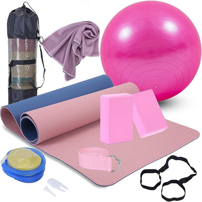 Yoga Starter Kit - 11-Piece Set with Yoga Blocks, Strap, Ball, Mat, Carrying Strap, Net Bag, Cooling Towel
