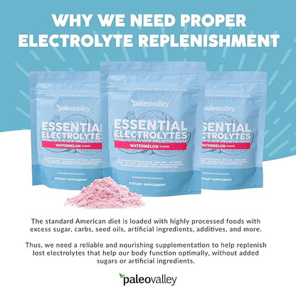 Paleovalley Essential Electrolytes Powder - Full Spectrum Watermelon Electrolyte Powder for Hydration, Energy and Muscle Recovery - No Sugar Added - 28 Servings