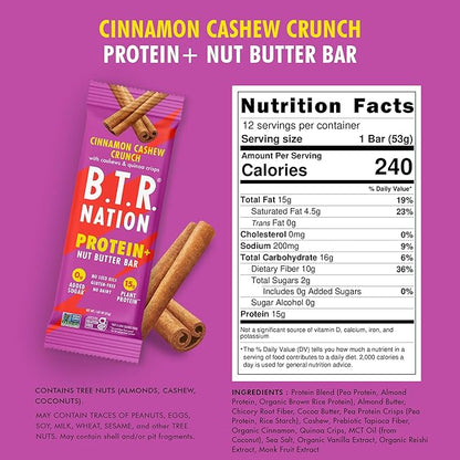 B.T.R. Nation Vegan Keto Plant Based High Protein & High Fiber Bars - Cinnamon Cashew Crunch Protein+ | 12 Bars | Low Carb & GF, Free of Sugar Alcohols, Dairy, Soy and with Powerful Superfoods!