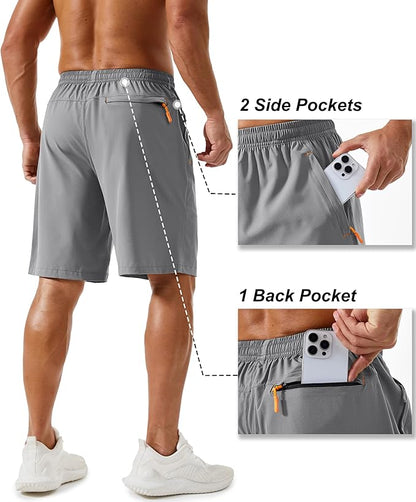 TACVASEN Men's Running Athletic Shorts 9" Quick Dry Workout Gym Shorts Lightweight Summer Shorts 3 Zipper Pockets