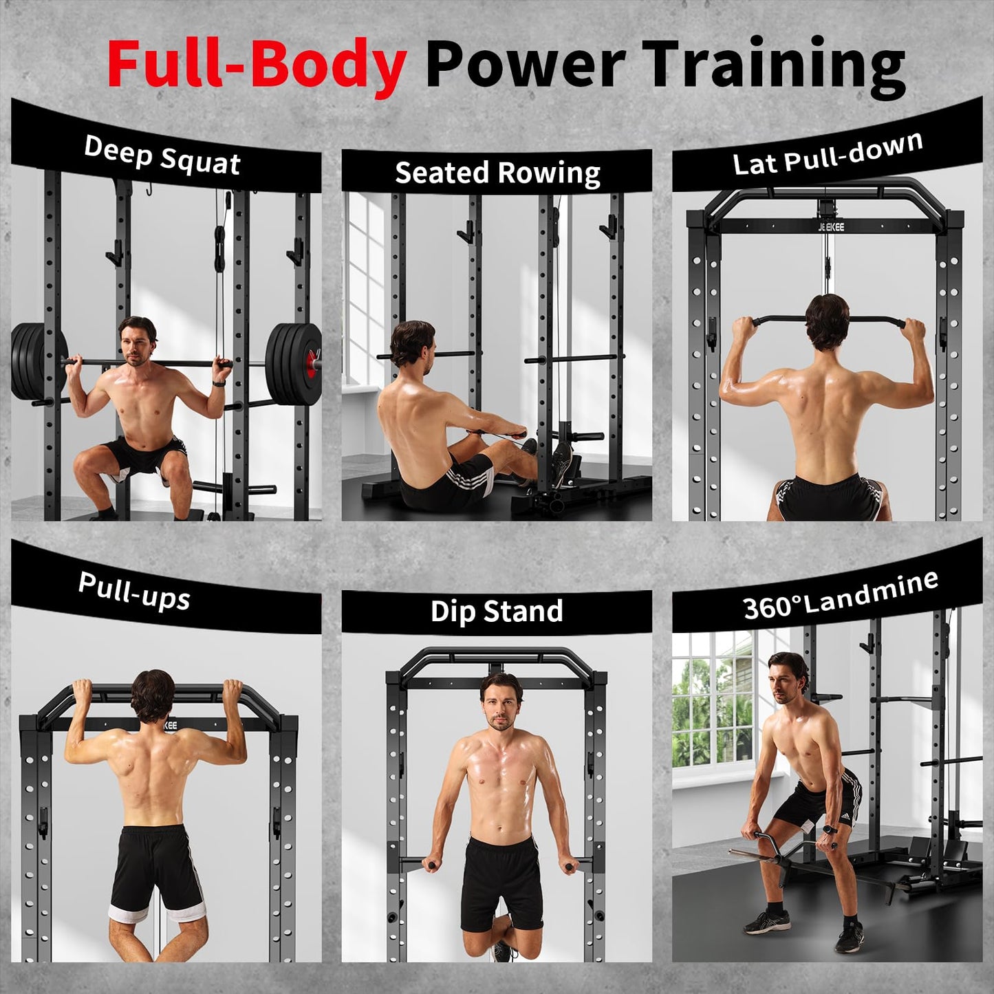 JEEKEE Power Rack with LAT Pulldown, 2000LBS Power Cage with Cable System, Multi-Function Squat