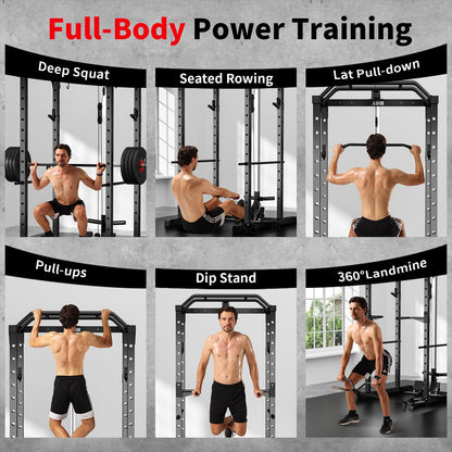 JEEKEE Power Rack with LAT Pulldown, 2000LBS Power Cage with Cable System, Multi-Function Squat