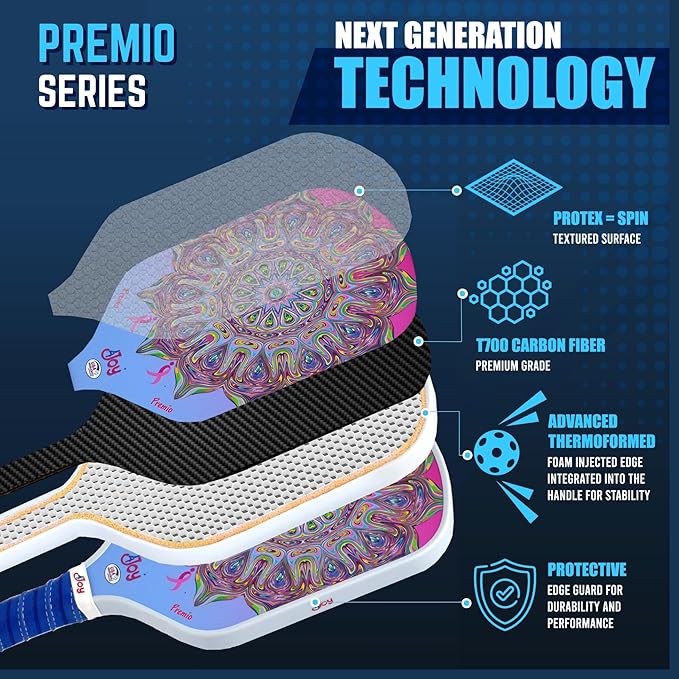4Joy Pickleball Paddle Premio Series - Thermoformed Premium T700 Carbon Fiber Pickleball Paddless - Professional Pickleball Rackets for Women & Men - 16mm Honeycomb Core - USAP Approved