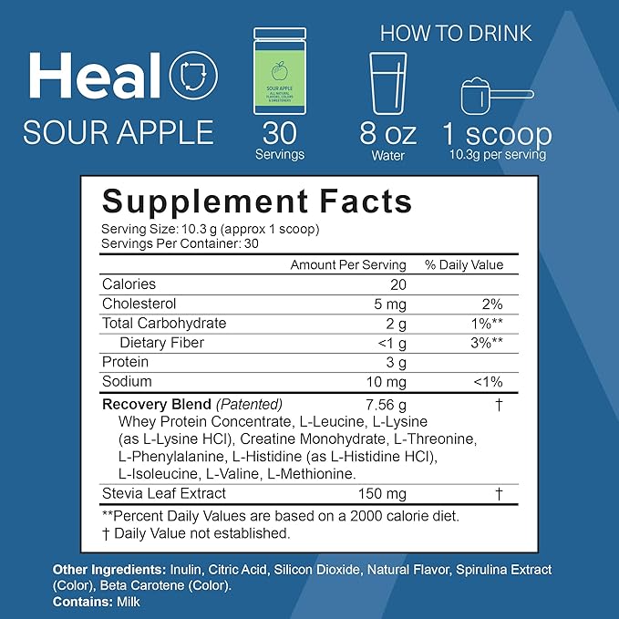 The Amino Co. - Heal - Post Workout Recovery Drink with Pure Eaa Amino Acid Formula -Creatine Monohydrate Powder for Efficient Muscle Repair, Vegan, and Keto-Friendly with Sour Apple Flavor - 10.89oz.