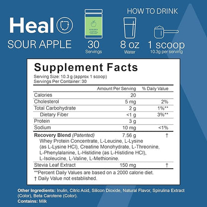The Amino Co. - Heal - Post Workout Recovery Drink with Pure Eaa Amino Acid Formula -Creatine Monohydrate Powder for Efficient Muscle Repair, Vegan, and Keto-Friendly with Sour Apple Flavor - 10.89oz.