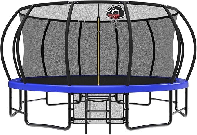 12 14 15 16FT Outdoor Trampolines for Kids and Adults, Pumpkin Trampolin with Curved Poles, Recreational Trampolin with Basketball Hoop and Safety Enclosure Net for Kids and Adults