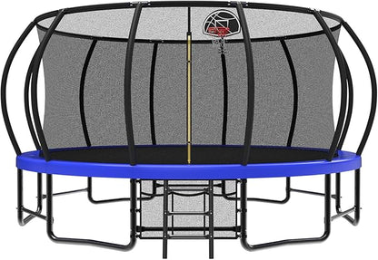 12 14 15 16FT Outdoor Trampolines for Kids and Adults, Pumpkin Trampolin with Curved Poles, Recreational Trampolin with Basketball Hoop and Safety Enclosure Net for Kids and Adults