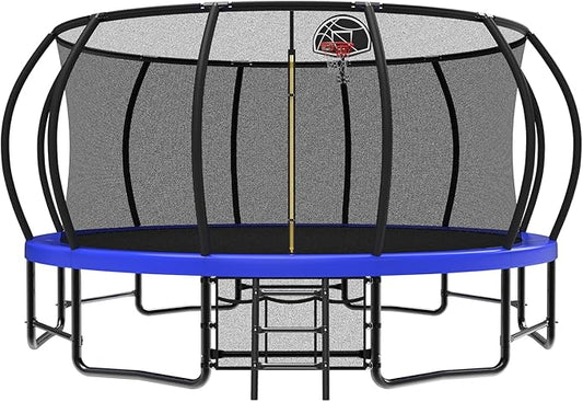 12 14 15 16FT Outdoor Trampolines for Kids and Adults, Pumpkin Trampolin with Curved Poles, Recreational Trampolin with Basketball Hoop and Safety Enclosure Net for Kids and Adults