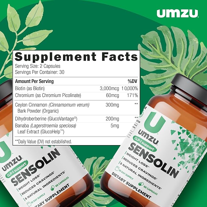 UMZU Sensolin GLP-1 Metabolic Support Supplement, Boost GLP-1 Production, Reduce Food Noise, Balance Mood, Clinically Advanced Berberine, Ceylon Cinnamon, Chromium (60 Capsule | 30 Day Supply)