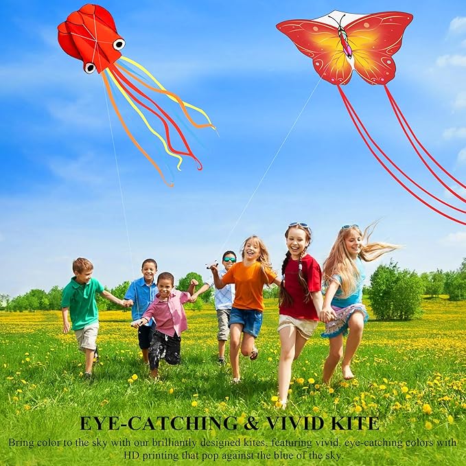 3 Pack Large Kites, Large Butterfly Kite, Colorful Delta and Red Octopus for Girls Boys Ages 4-8, 8-12, Adults