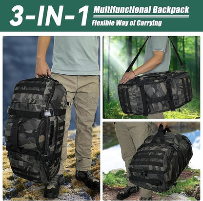 65L Large Duffle Bag, 3-in-1 Tactical Backpack MOLLE Pack for Sports, Gym, Outdoor, Black Camo
