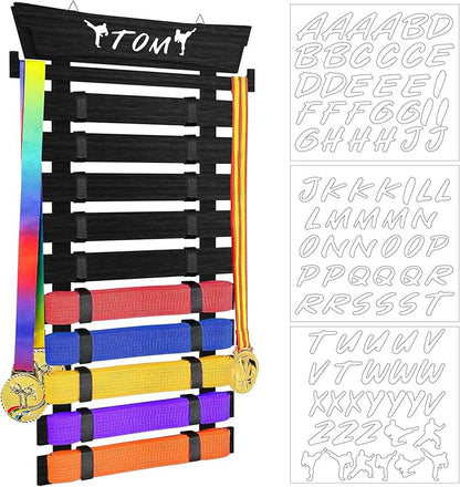 10 Belts Karate Belt Display Rack with Stickers, Taekwondo Belt Display, Martial Arts Belt Display Holder, Jiu Jitsu BJJ Belt Display Hanging Holder for Kids and Adults Gifts