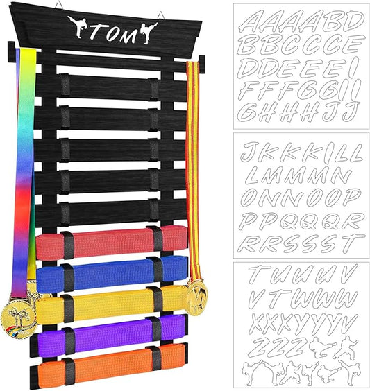 10 Belts Karate Belt Display Rack with Stickers, Taekwondo Belt Display, Martial Arts Belt Display Holder, Jiu Jitsu BJJ Belt Display Hanging Holder for Kids and Adults Gifts