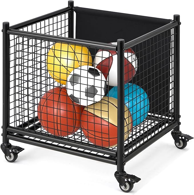 AECOJOY Ball Cart Storage, Rolling Basketball Bin with Wheels for Garage, School, Gym, Sports Equipment and Toy Organizer, Indoor & Outdoor