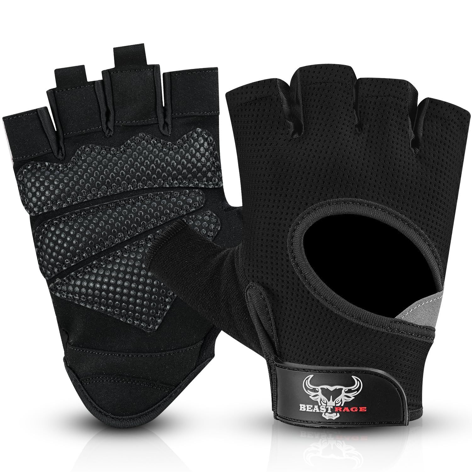 BEAST RAGE Workout Gloves for Men and Women, Fingerless Weight Lifting Gloves with Palm Protection