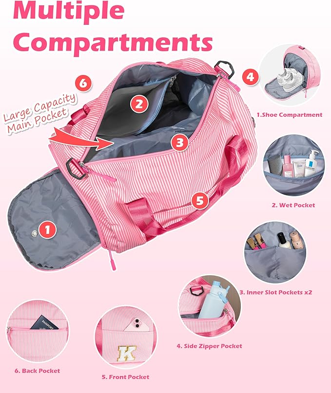 Teen Girls Gifts Trendy Stuff, Girl Gym Bag, Kids Initial Overnight Duffel Bags with Shoe Compartment, Personalized Travel Bag with Makeup Pouch, Pink Gift for Daughter Niece (Letter C)