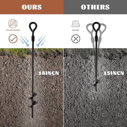 MIXXIDEA18 Inch Ground Anchors Screw in Folding Ring Spiral Metal Ground Stakes Dog Tie Out Stake Spiraling Anchor Trampoline Anchors for Tent (black-4pk)