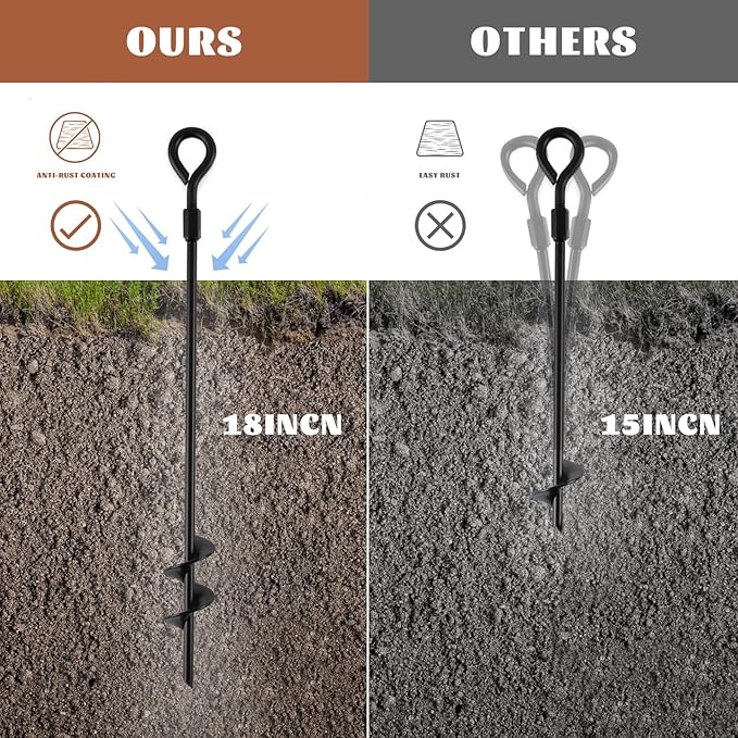 MIXXIDEA18 Inch Ground Anchors Screw in Folding Ring Spiral Metal Ground Stakes Dog Tie Out Stake Spiraling Anchor Trampoline Anchors for Tent (black-6pk)