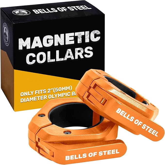 Magnetic Barbell Collars [Bells of Steel] Premium Weight Bar Clamps, Quick Release Barbell Clips, Olympic Barbell Clamps, Rubberized Gym Clips for Weightlifting Bar, Pair, Orange