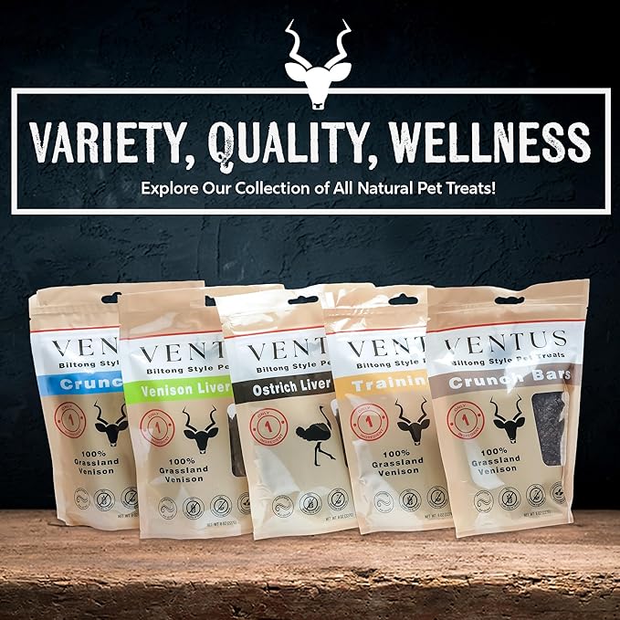 VENTUS Jerky Crunch Bars - Single Ingredient Venison Jerky Dog Training Treats, Healthy Air Dried, High Protein, No Additives, Grain Free Dog Treat, 8 oz