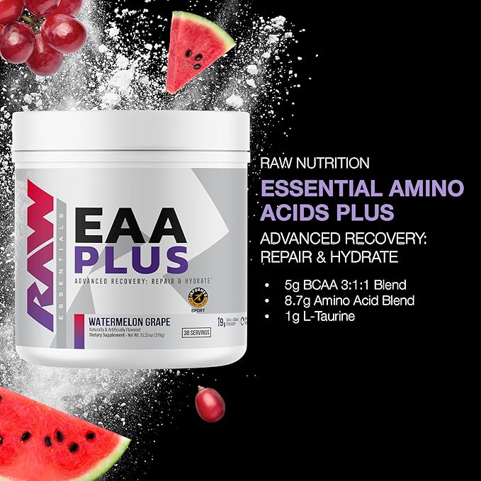 RAW EAA Plus, Amino Acids Powder, Watermelon Grape (30 Servings) - Pre Workout Amino Energy Powder for Advanced Endurance, Recovery & Lean Muscle Growth - BCAA Amino Acids Supplement for Men & Women