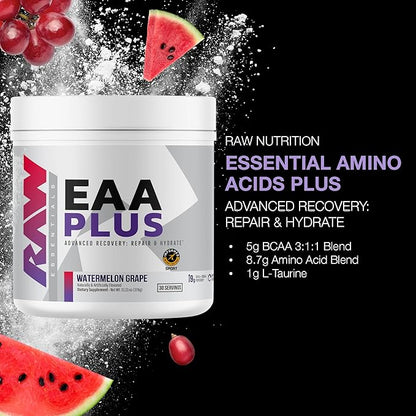 RAW EAA Plus, Amino Acids Powder, Watermelon Grape (30 Servings) - Pre Workout Amino Energy Powder for Advanced Endurance, Recovery & Lean Muscle Growth - BCAA Amino Acids Supplement for Men & Women