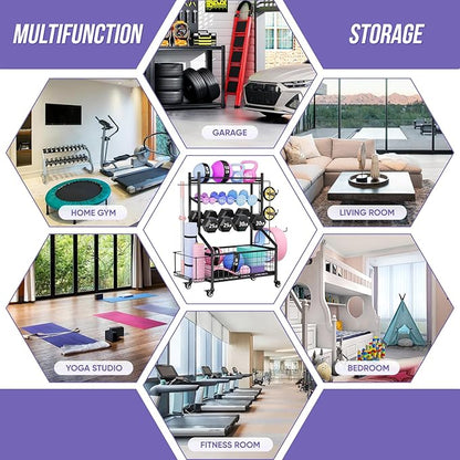 WUC Adjustable Dumbbell Rack, Weight Rack for Home Gym Storage, All-in-One Workout Equipment Storage with Wheels and Hooks for Dumbbells, Kettlebells, Yoga Mats & Balls, Durable Powder Coated Steel