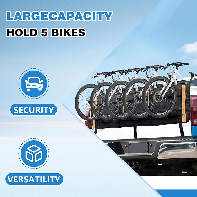 52" Tailgate Bike Pad, 3-in-1 Universal Outdoors Protection Pad Up to 5 Mountain Bikes and Road Bicycles, Thickened Tailgate Cover with Tool Pockets Scratch Shield and Locking
