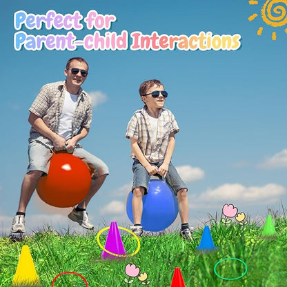 35PCS 4 in 1 Carnival Outdoor Games Combo Set for Kids, Soft Plastic Cones Bean Bags Ring Toss Game, Activity Agility Set with 2 PCS 18" Hopper Balls, Birthday Party Yard Lawn Games
