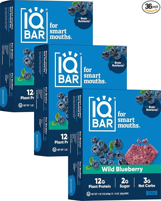 IQBAR Brain and Body Plant Protein Bars - Wild Blueberry - 36-Count Low Carb - Gluten Free, High