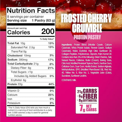 Legendary Foods 22g Protein Pastry+ Cherry, Low Carb Meal Replacement Bar - Low Glycemic, Gluten Free Protien Snacks - Healthy Keto Snack Box 8 Zero Sugar Energy Bars - Bariatric Diabetic Friendly