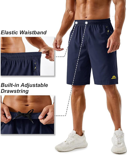 TACVASEN Men's Running Athletic Shorts 9" Quick Dry Workout Gym Shorts Lightweight Summer Shorts 3 Zipper Pockets