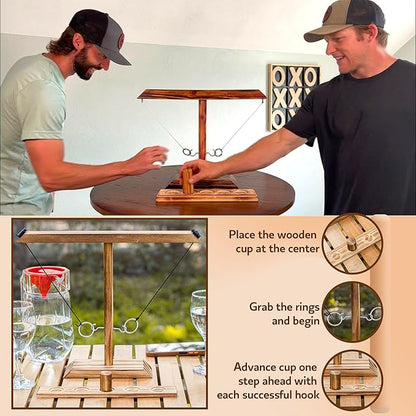 Ring Toss Game for Adults, Hook and Ring Game, Swinging String Hook & Ring Tabletop Battle Game, Outdoor & Indoor Game, Patio Décor Party Bar Game, Wooden Ring & Hook Game, Fun Games for Adults