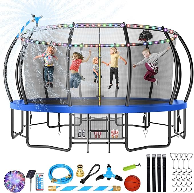 12 14 15 16FT Trampoline Outdoor with Basketball Hoop, Trampoline with Lights for Kids and Adults, Recreational Trampolin with Sprinkler, Stakes