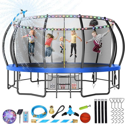 12 14 15 16FT Trampoline Outdoor with Basketball Hoop, Trampoline with Lights for Kids and Adults, Recreational Trampolin with Sprinkler, Stakes