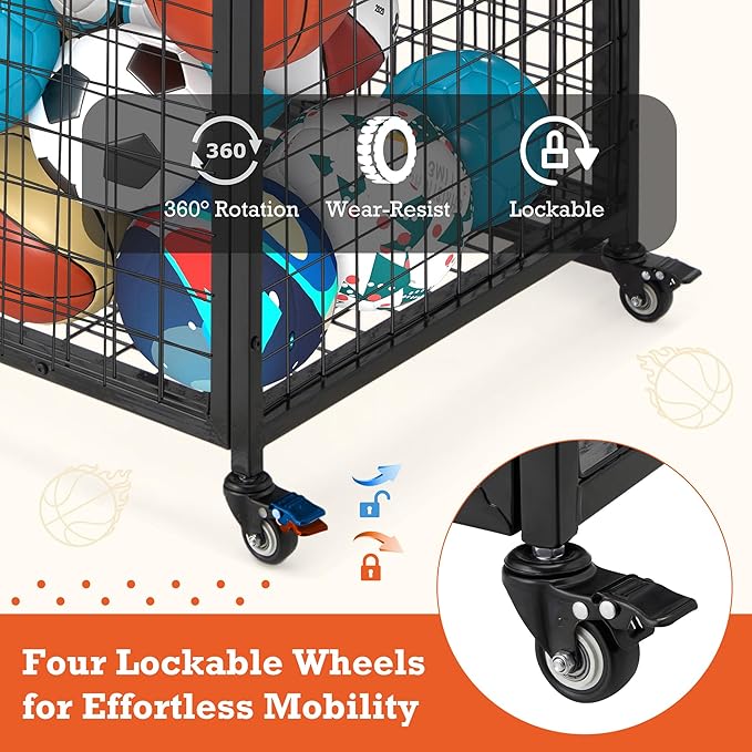 AECOJOY Ball Cart Storage, Rolling Basketball Bin with Wheels for Garage, School, Gym, Sports Equipment and Toy Organizer, Indoor & Outdoor
