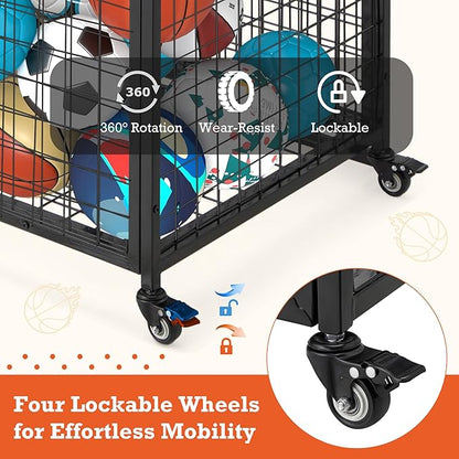 AECOJOY Ball Cart Storage, Rolling Basketball Bin with Wheels for Garage, School, Gym, Sports Equipment and Toy Organizer, Indoor & Outdoor