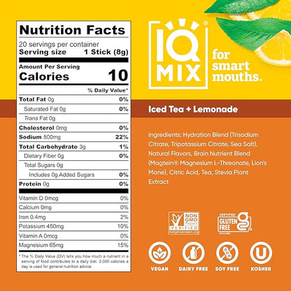 IQMIX Hydration Electrolyte Powder – 4-in-1 Formula for Hydration, Mental Clarity, Mood and Recovery – Sugar-Free Drink Mix, Keto, Magnesium L-Threonate, Lion’s Mane – 20 Count New Iced Tea Lemonade
