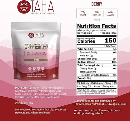Taha Health & Nutrition Berry Whey Protein Isolate Powder, 30g Protein, 7.9g BCAAs, 4.3g Leucine | New Zealand Free-Range, Grass-Fed Dairy | Gluten-Free, Keto, Kosher | 2LB,24 Servings