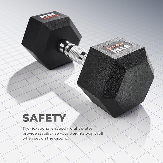 Sunny Health & Fitness Hex Style Dumbbell 5 LBS TO 50 LBS Chrome Handles, Hand Weight for Strength Training, Home Gym, Exercise, Workout Equipment Multiple Size Options