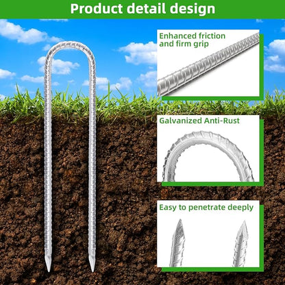Trampoline Stakes Anchors High Wind 12inx6mm Galvanized U Hook 6pcs Rebar Stakes – Heavy Duty Ground Anchors for Trampoline,Yard & Inflatable,Landscape Metal Stakes for Outdoor Decorations