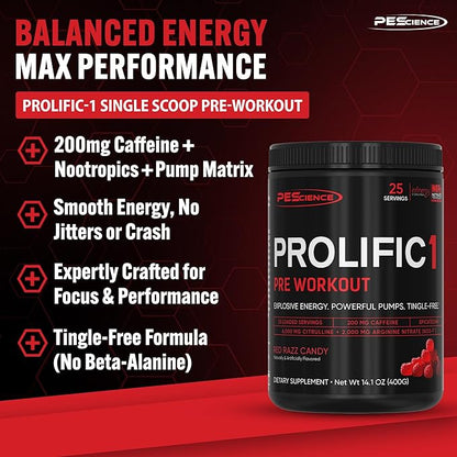 PEScience Prolific-1 Pre Workout Powder for Men & Women with L-Citrulline, Nitric Oxide Booster, Energy Powder & Nootropic for Focus ??Preworkout Without Beta Alanine ??25 Scoops, Red Razz Candy