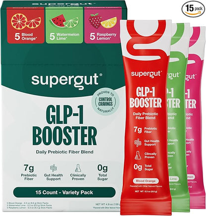 Supergut Gut Healthy Flavored GLP-1 Booster, Variety Pack - High Fiber GLP-1 Supplement Powder for Women & Men - Sugar-Free Drink Mix for Gut Health & Digestive Support (15 Servings)