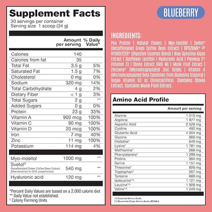 Fitmingo Vegan Protein Powder with Inositol, Collagen Boosters, Hyaluronic Acid and Vitamins | Low Carb, Dairy Free, Lactose Free, Low Calorie, 23g Plant Based Blueberry Protein Powder